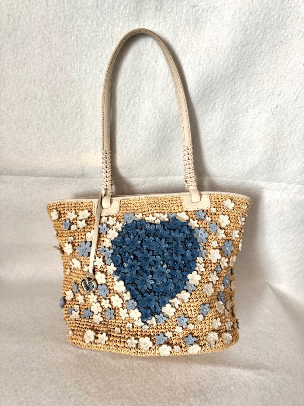 Brighton Woven Straw Tote w/ Blue and White Leather Flowers